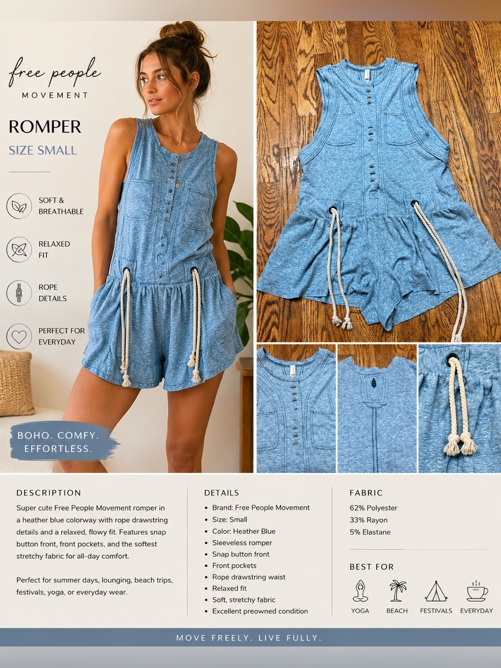 Free People Movement Women’s Blue Sleeveless Romper Small Boho Lounge Athletic